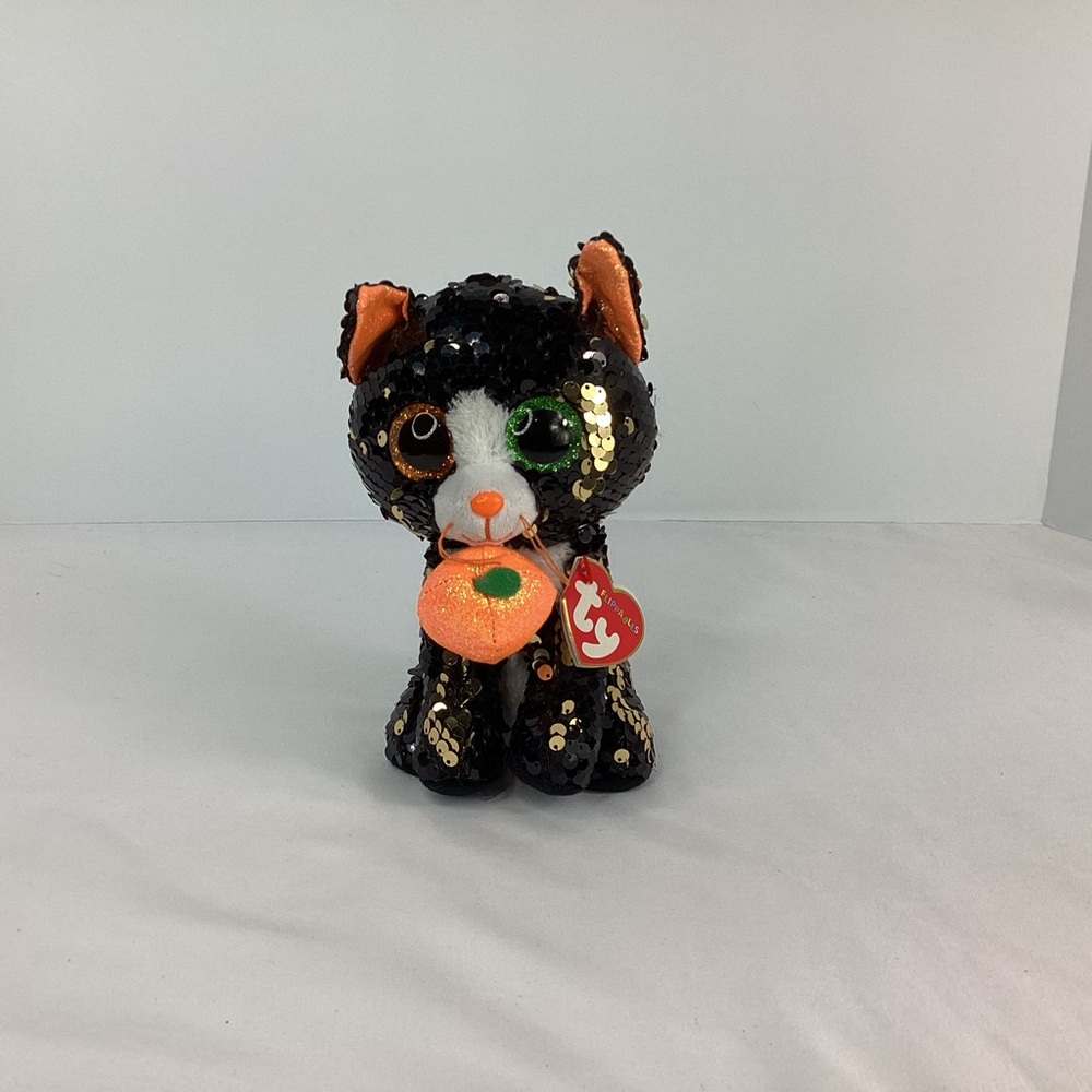 Ty Flippables Plush Jinx Black Cat Pumpkin 6” Halloween Sequins Stuffed Animal - Picture 2 of 11